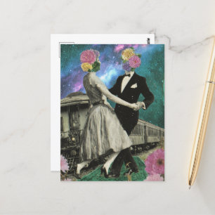 Cartão Postal Pessoas de Flores Surreais e Comboio