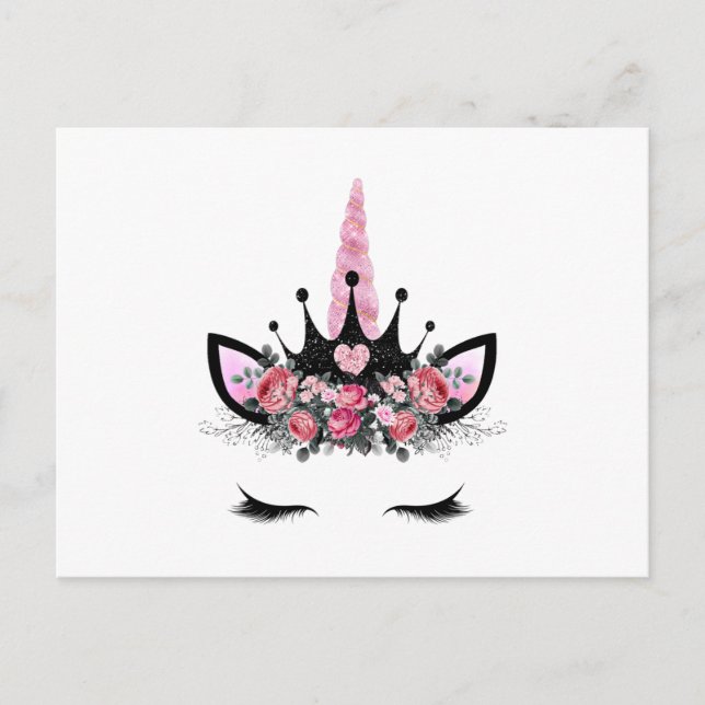 Cartão Postal pestanas de Unicórnio, flor de aquarela, chifre de (Frente)