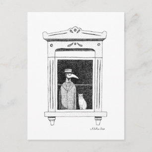 Cartão Postal Peste Doutor com gato numa janela Arte Steampunk