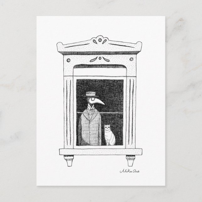 Cartão Postal Peste Doutor com gato numa janela Arte Steampunk (Frente)