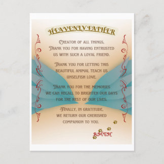 Cartão Postal Pet Memorial Prayer, Angel wings and Paws Canvas P