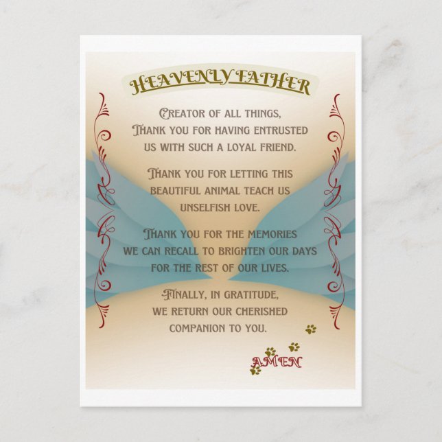 Cartão Postal Pet Memorial Prayer, Angel wings and Paws Canvas P (Frente)