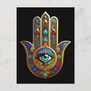 Cartão Postal Pétalas de Flor de Cor de Pavão Hamsa Terceiro Olh