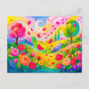 Cartão Postal Pétalas de rosa flutuando pelo jardim ventoso