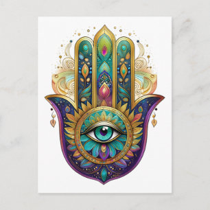Cartão Postal Pétalas Violeta Verde Dourado Hamsa Turquesa Terce
