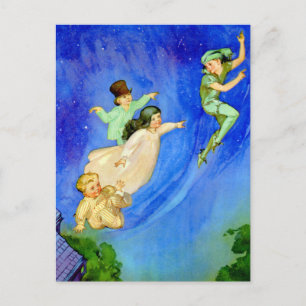 CARTÃO POSTAL PETER PAN, WENDY, JOHN E MICHAEL VOAM PARA LONGE