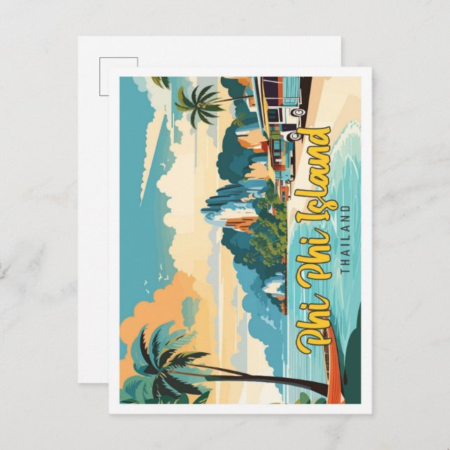 Cartão Postal Phi Island Thailand Vintage Art Viagem (Frente/Verso)