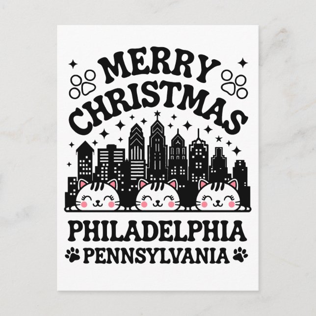 Cartão Postal Philadelphia City Pensilvânia Merry Christmas Cat (Frente)