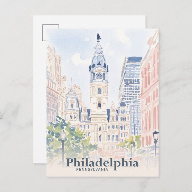Cartão Postal Philadelphia Pennsylvania EUA Watercolor Viagem (Frente/Verso)