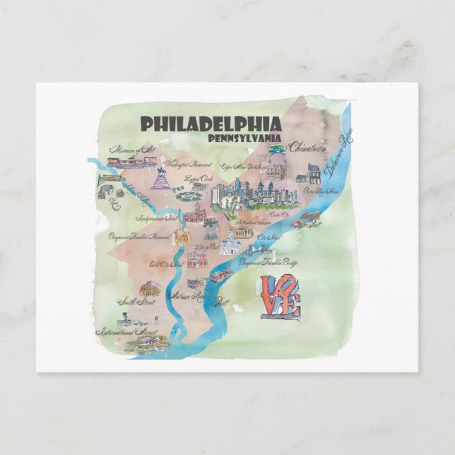 Cartão Postal Philadelphia Pennsylvania Retro Vintage Art Map (Frente)