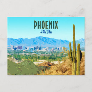 Cartão Postal Phoenix Arizona City Cactus e Mountain Vintage