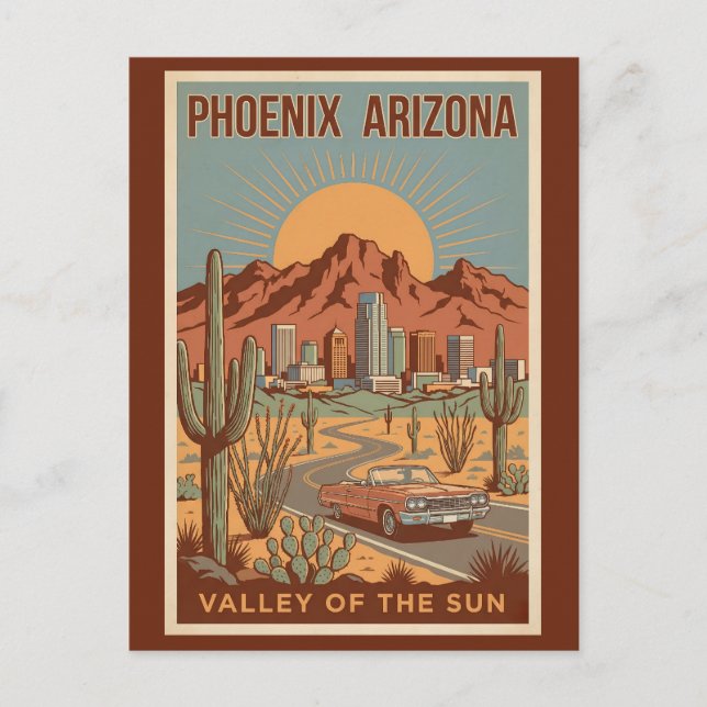 Cartão Postal Phoenix Arizona Sun Illustration Travel Art Retro (Frente)