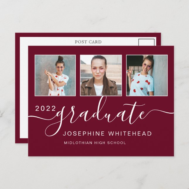Cartão Postal Photo Collage Graduation Minimal Burgundy (Frente/Verso)