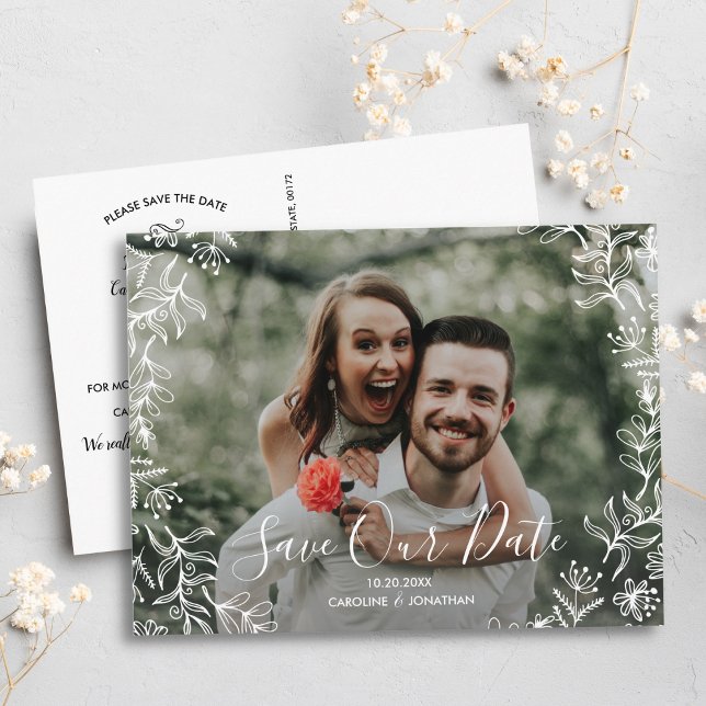 Cartão Postal Photo Save the Date Hand Drawn Petite Flowers (Criador carregado)