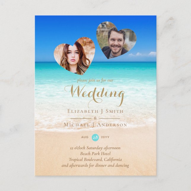 Cartão Postal PHOTO Tropical Beach Hearts Sand Sea Salve a data (Frente)