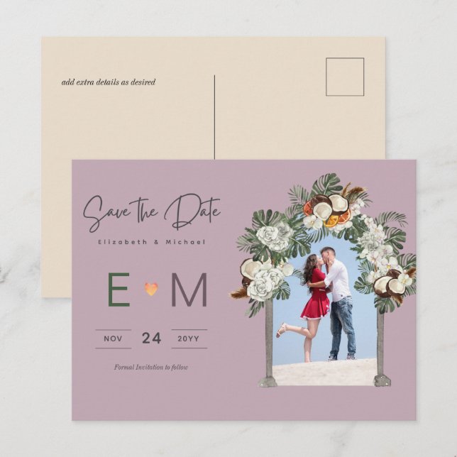 Cartão Postal Photo Wedding Save the Date Mauve Floral Postcard (Frente/Verso)