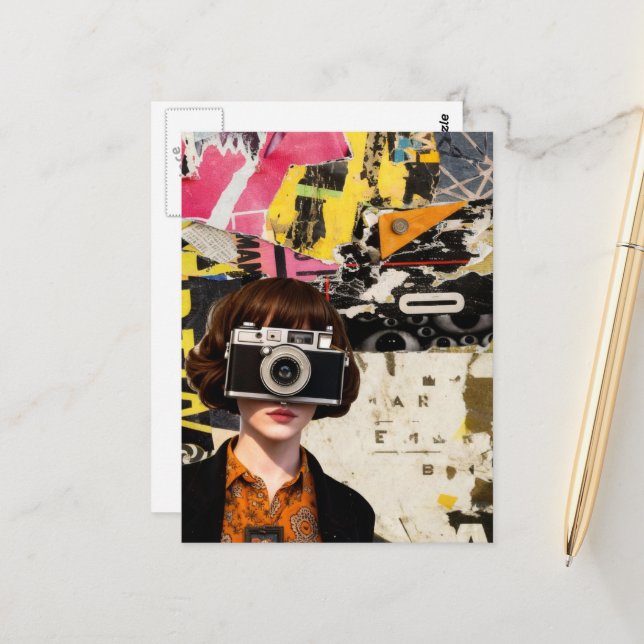 Cartão Postal Photographer Woman Grunge Mixed Media Collage  (Frente/Verso In Situ)