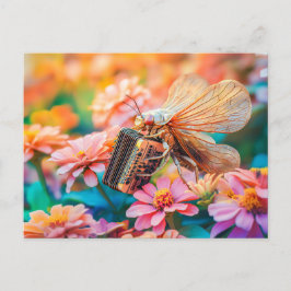 Cartão Postal Photorealistic Cicada Playing Accordion inZinnia