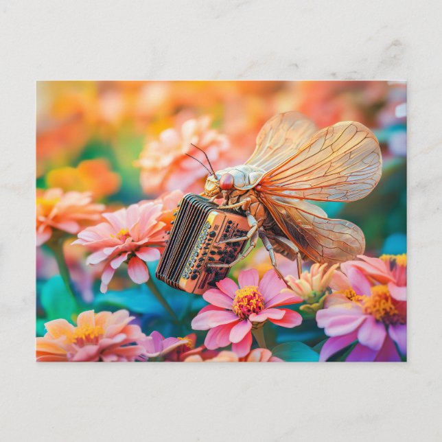 Cartão Postal Photorealistic Cicada Playing Accordion inZinnia (Frente)