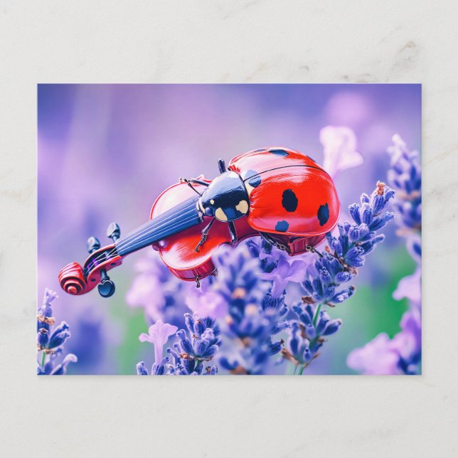 Cartão Postal Photorealistic Ladybug Playing Violin on Lavender (Frente)