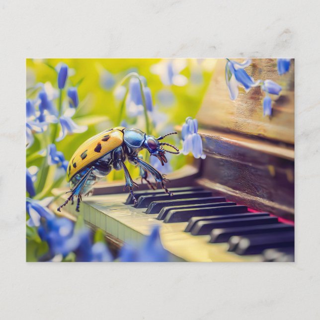 Cartão Postal Photorealistic Oil Beetle Playing Piano Among Blue (Frente)