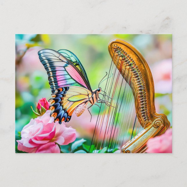 Cartão Postal Photorealistic Swallowtail Butterfly Playing Harp  (Frente)