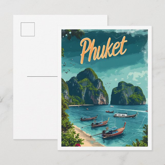 Cartão Postal Phuket Thailand Vintage Art Viagem Illustration (Frente/Verso)