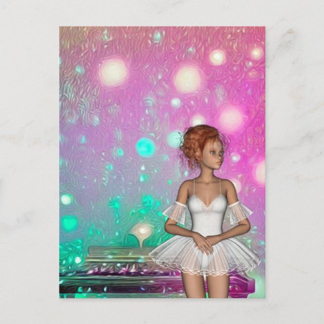 Cartão Postal Píano Surreal Fundo Verde e Rosa & Ballerina (Frente)
