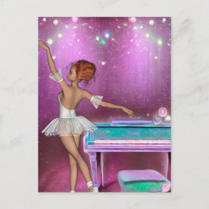 Cartão Postal Piano Teal Pintado Fundo e Ballerina