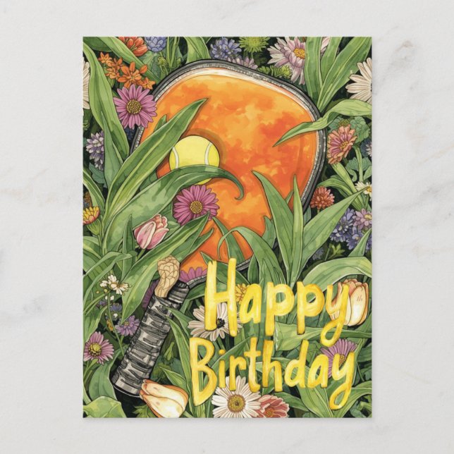 Cartão Postal Pickleball com flores tema de Aniversário  (Frente)