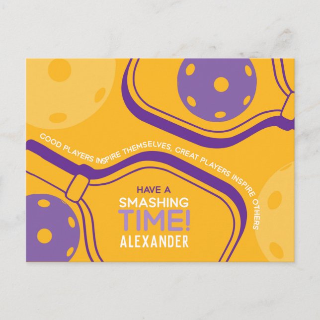 Cartão Postal Pickleball Feliz Aniversário Amarelo Personalizáve (Frente)