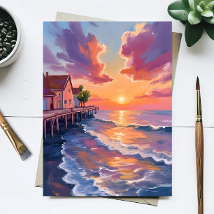 Cartão Postal Pier do Pôr do Sol Ondas Oceânicas Hora Dourada Pa
