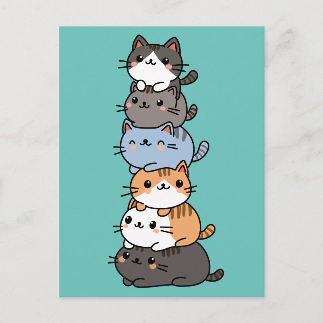 Cartão Postal Pilha Adorável De Gatinhos Kawaii (Frente)