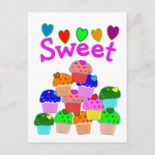 Cartão Postal Pilha de Cupcake "Doce" com Corações Brilhantes