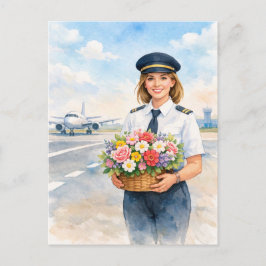 Cartão Postal Pilot holds flowers standing on runway