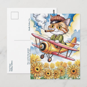 Cartão Postal Piloto de Gato Engraçado Aniversário Biplano Avião