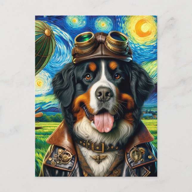 Cartão Postal Piloto Steampunk Bernese Mountain Dog Van Gogh (Frente)