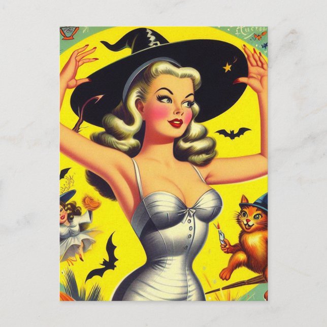 Cartão Postal Pin-up da Bruxa do Halloween Retro (Frente)