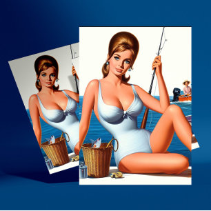 Cartão Postal Pin-up de Pesca Retro