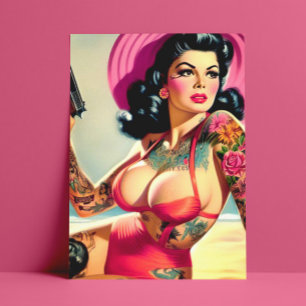 Cartão Postal Pin-up de praia tatuada