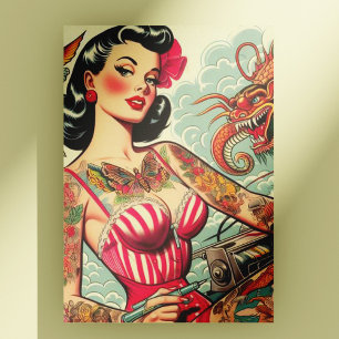 Cartão Postal Pin-up de Tatuagem na Escola Antiga