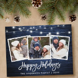 Cartão Postal Pincel - Script Blue Wood Lights Holiday 3 Photo<br><div class="desc">Cartão-postal de Feriados Feliz da Família de Pincel de Madeira Azul Russo com Luzes de Cordas</div>