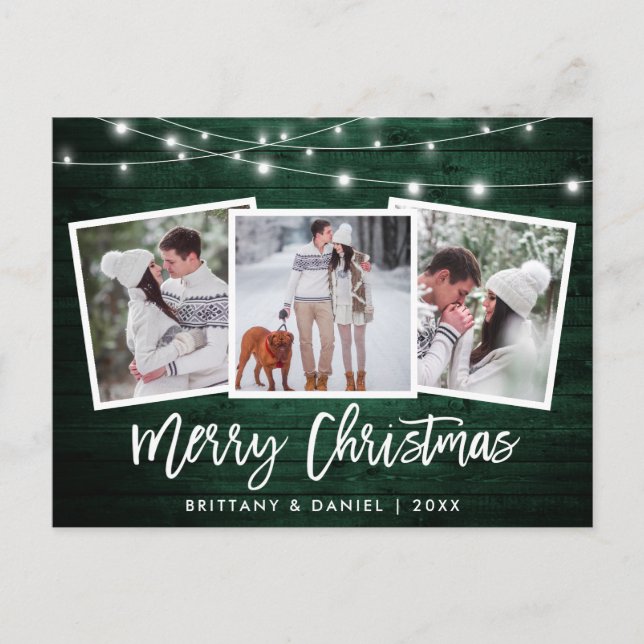 Cartão Postal Pincel Script Luzes Madeira Verde 3 Foto Natal (Frente)