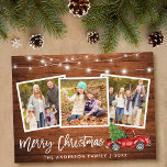 Cartão Postal Pincel Script Wood Lights Truck 3 Foto Natal<br><div class="desc">Roteiro Russo de Madeira Escoteiro 3 Família Fotográfica Cartão de Natal Feliz com Luzes de Corda - Caminhão Vermelho Vintage com Cobra de Natal</div>