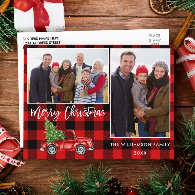 Cartão Postal Pincel Vermelho Script de Xadrez 2 Foto Natal (Customize to change your personalized text size or text style.)