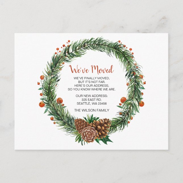 Cartão Postal Pine cone Wreath Movemos o anúncio de Férias (Frente)
