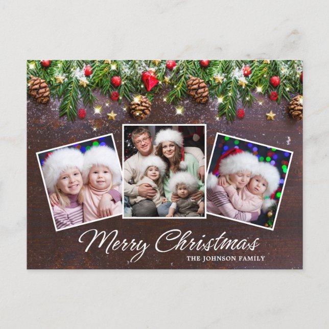 Cartão Postal Pine Cones Rustic Felry Christmas 3 Photo Holiday (Frente)
