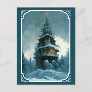 Cartão Postal Pine Tree House, No Inverno   Árvore de Natal