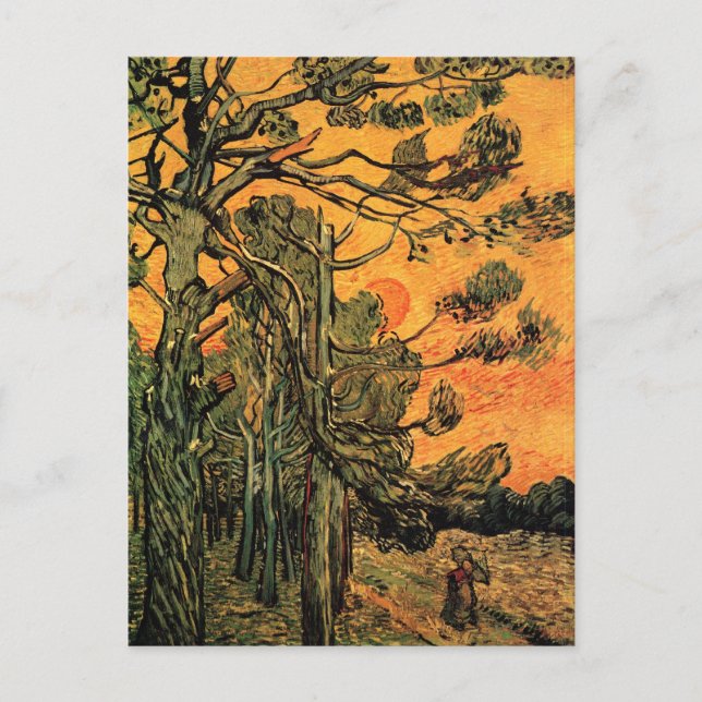 Cartão Postal Pine Trees Red Sky Sunset Van Gogh Belas Artes (Frente)