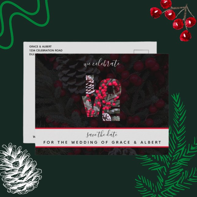 Cartão Postal Pinecone Evergreen Red Berries Data de Salvamento  (Criador carregado)